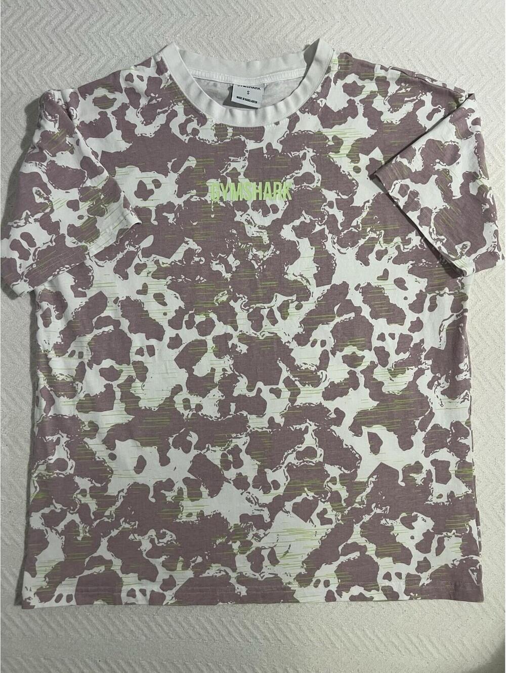 GYMSHARK women’s Camouflage Crew Neck T-Shirt White Purple Green S Short Sleeve